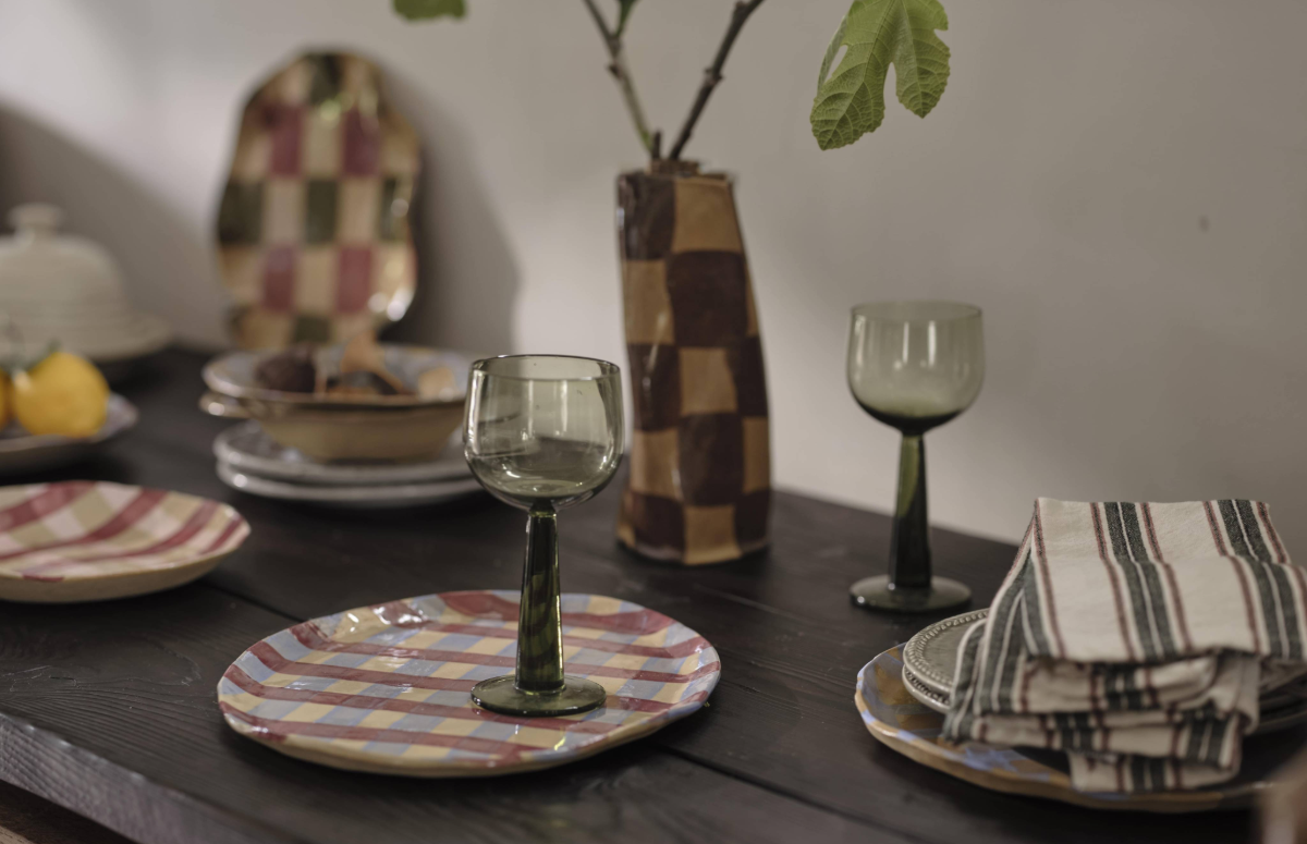 Baby Blue & Burgundy Gingham Oval Platter by Rosie Gore