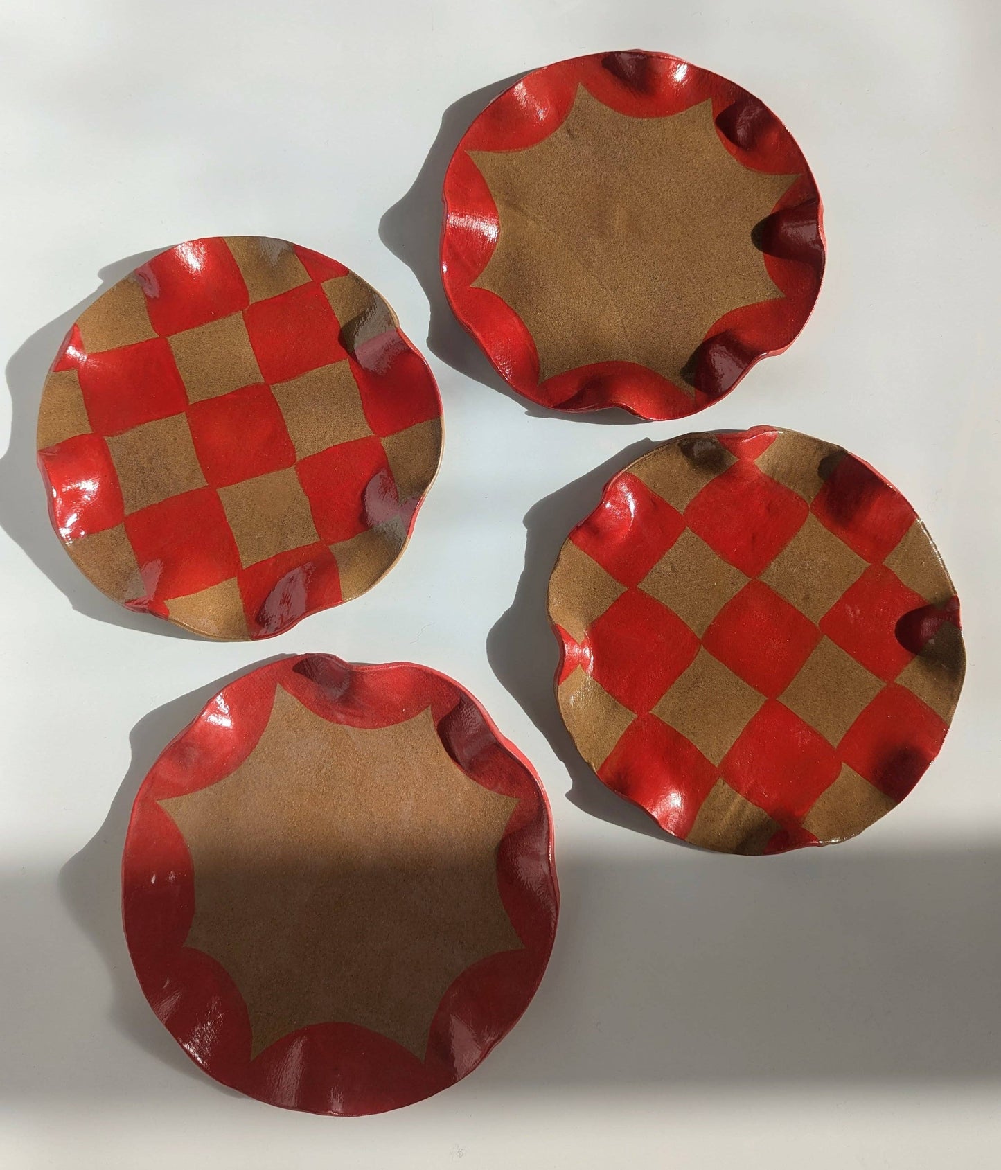 Set of 4 Red Wavy Check & Scalloped Side Plates by Rosie Gore