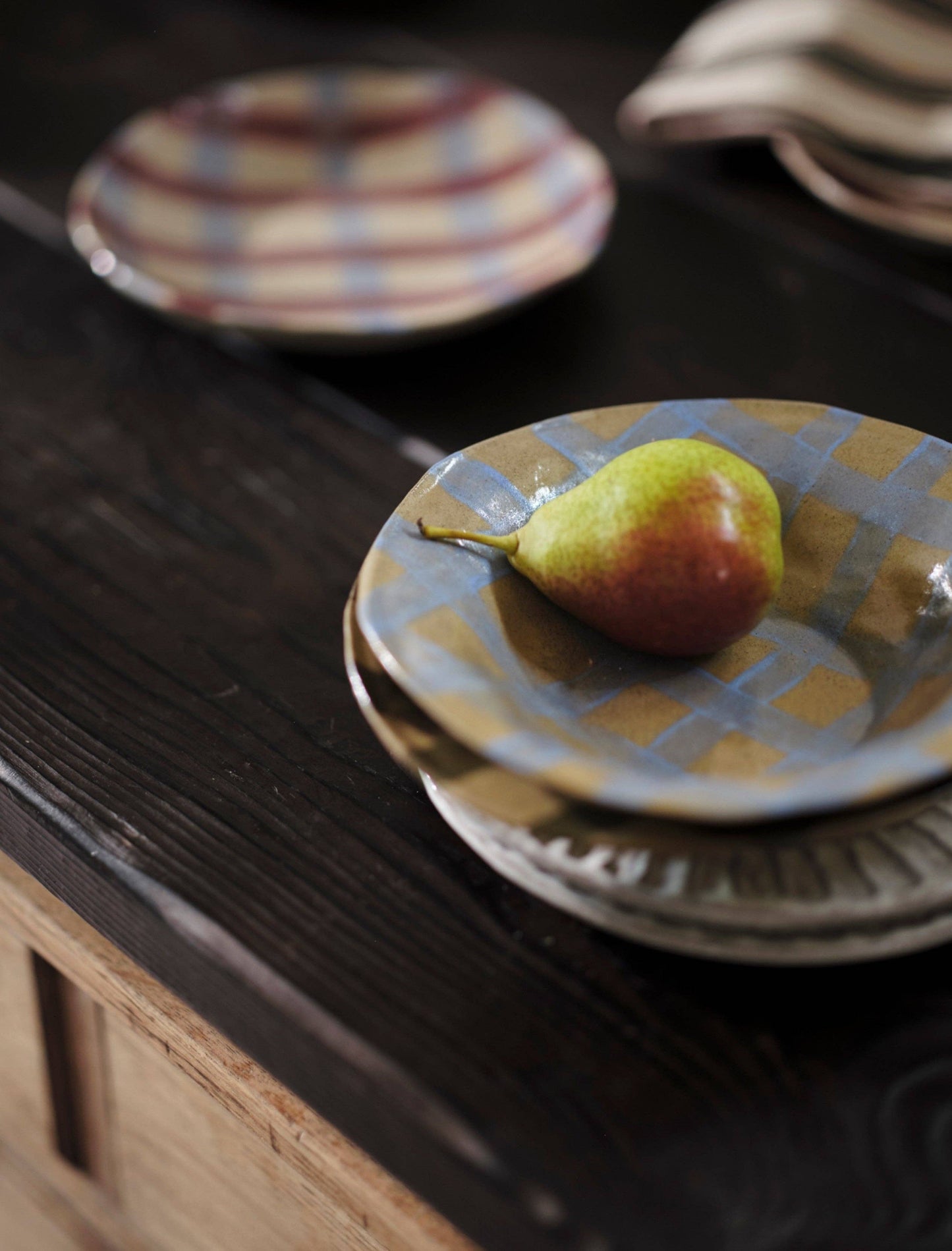Baby Blue & Burgundy Round Gingham Serving Bowl by Rosie Gore