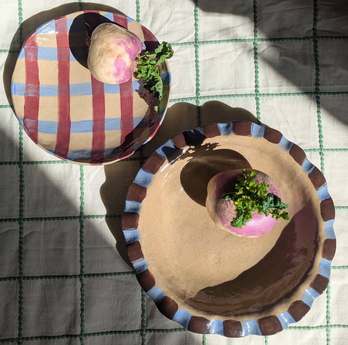 Baby Blue & Burgundy Round Gingham Serving Bowl by Rosie Gore