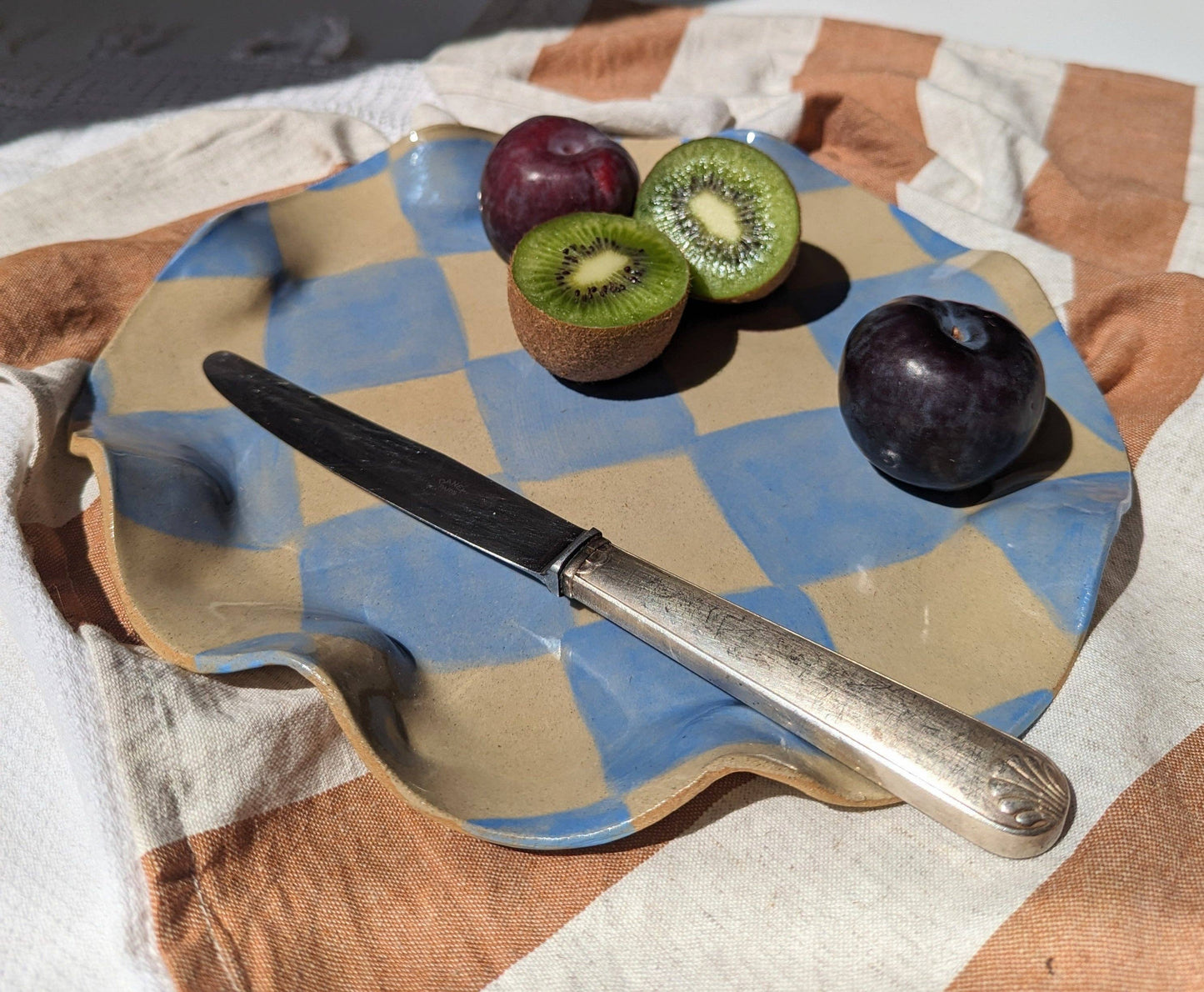 Baby Blue Check Wavy Serving Platter by Rosie Gore