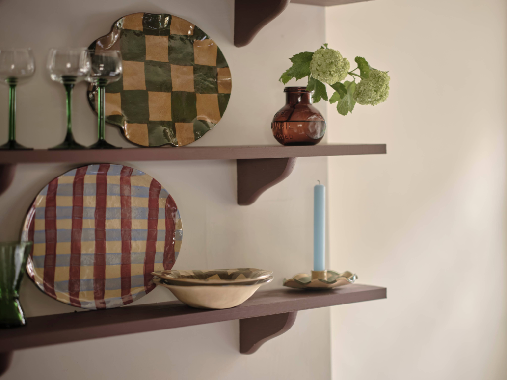 Baby Blue & Burgundy Gingham Oval Platter by Rosie Gore