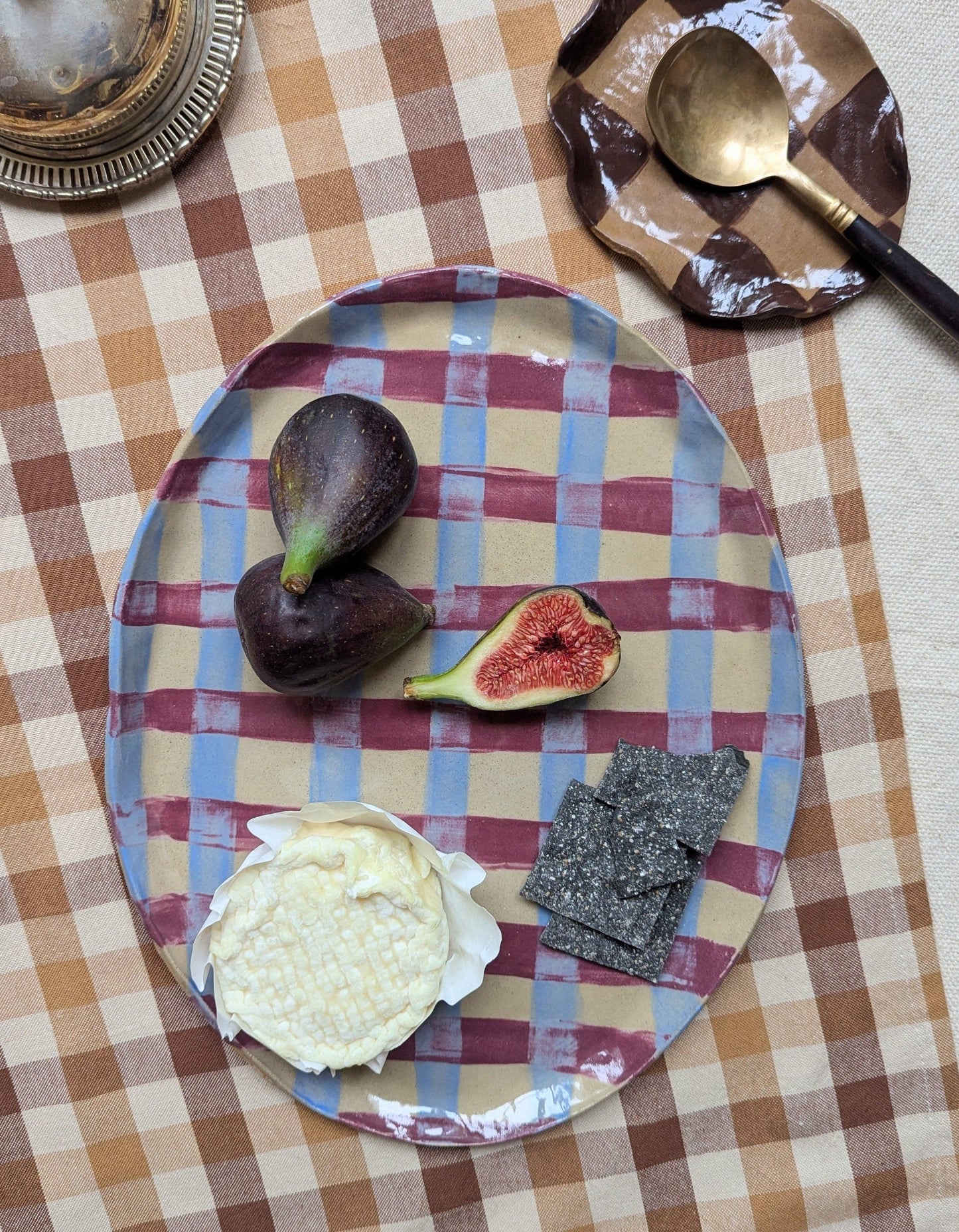 Baby Blue & Burgundy Gingham Oval Platter by Rosie Gore