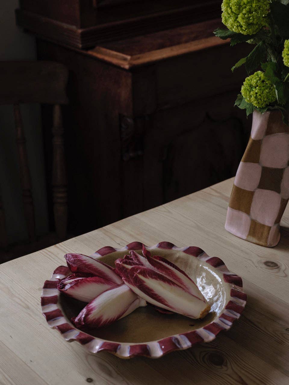 Baby Pink & Burgundy Frill Serving Bowl by Rosie Gore